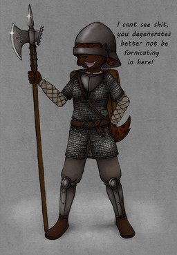 anthro armor belt black_nose black_spots boots chainmail claws clothed clothing dark_body dialogue eyebrows female floppy_ears footwear halberd hand_on_hip hand_on_own_hip headgear helmet holding_halberd holding_melee_weapon holding_object holding_polearm holding_weapon markings melee_weapon narrow_hips open_mouth polearm profanity shield shoes simple_background solo spots spotted_body standing teeth text thin_calves thin_legs thin_thighs weapon animew coco_chockshund_(animew) canid canine canis domestic_dog mammal english_text hi_res