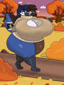 2_heads 3_toes 4_fingers anthro autumn avian_feet beak big_breasts black_beak black_hair blush blush_lines bottomless breasts brown_hair cleavage cleavage_cutout clothed clothing cloud container cup cutout evening eyebrows feathers feet female fingers grass hair heart_symbol holding_container holding_cup holding_object huge_breasts looking_at_another multi_head multicolored_body outside overweight overweight_anthro overweight_female plant purple_eyes shirt shrub solo tail tail_feathers tan_eyes toes topwear topwear_only tree walking wide_hips pilot129 avian bird hi_res shaded