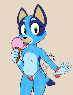 anthro bikini bikini_bottom blue_body bracelet breasts camel_toe clothed clothed_anthro clothed_female clothing dessert featureless_breasts female female_anthro food genital_outline gloves_(marking) green_eyes holding_food holding_ice_cream_cone holding_object ice_cream ice_cream_cone jewelry licking loli looking_at_viewer markings red_bikini red_bracelet red_clothing red_swimwear side-tie_bikini small_breasts smile solo string_bikini swimwear tongue tongue_out two-piece_swimsuit vulva_outline young young_anthro young_female jojo_hernandez bluey_(series) bluey_heeler australian_cattle_dog canid canine canis cattledog domestic_dog herding_dog mammal pastoral_dog 2026 digital_drawing_(artwork) digital_media_(artwork) signature