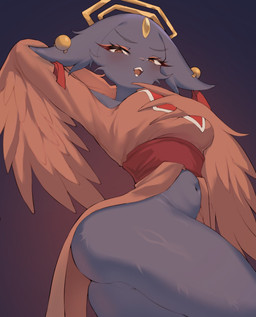 anthro biped blue_body blue_fur bottomless brown_eyes butt clothed clothing eyebrows eyelashes female fur looking_at_viewer navel open_mouth simple_background solo standing teeth tongue topwear bluepudding nine_sols red_candle_games goumang_(nine_sols) felid feline mammal solarian hi_res