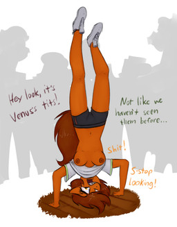 accident accidental_exposure anthro areola arms_bent bent_leg biped bottomwear braces breasts brown_areola brown_hair brown_nipples brown_tail clothed clothed_anthro clothed_female clothing color_coded_text crowd dialogue embarrassed exposed_breasts extended_legs eyelashes female female_anthro fingers fluffy fluffy_tail footwear front_view green_text grey_bottomwear grey_clothing grey_shorts group hair handstand humanoid_hands humiliation iris long_tail medium_breasts name_drop name_in_dialogue navel nipples no_bra open_mouth orange_body orange_text partially_clothed partially_clothed_anthro partially_clothed_female plantigrade profanity public public_exposure public_humiliation pupils purple_text raised_clothing raised_shirt raised_topwear shirt shoes short_hair shorts silhouette simple_background slim slim_anthro slim_female snout solo_focus straight_leg stuttering t-shirt tail talking_to_another teeth text topwear upside_down wardrobe_malfunction white_background white_clothing white_footwear white_sclera white_shirt white_shoes white_t-shirt white_topwear yellow_eyes marsminer hasbro my_little_pony fan_character venus_spring equid equine horse mammal pony 2017 digital_drawing_(artwork) digital_media_(artwork) english_description english_text full-length_portrait hi_res portrait