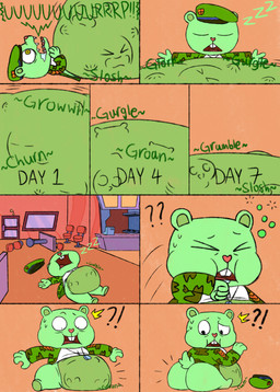 4_fingers ambiguous_gender ambiguous_prey anthro anthro_pred army_uniform belly beret big_belly big_butt buckteeth burping butt camo cash_register chair clothing counter death digestion dog_tags door fingers fur furniture glass_window green_body green_fur hat headgear headwear huge_belly hyper hyper_belly interrobang male male_pred open_mouth scut_tail shirt short_tail sleeping tail teeth thick_thighs topwear vore window nikko-kai-cutie happy_tree_friends flippy_(htf) fliqpy_(htf) bear mammal comic hi_res