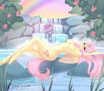 anthro anthrofied blush breasts feathers female lying nipples nude on_back rainbow solo waterfall wings yellow_body yellow_feathers xjenn9 friendship_is_magic hasbro my_little_pony mythology fluttershy_(mlp) equid equine mammal mythological_creature mythological_equine pegasus absurd_res hi_res