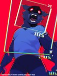 2024 angry anthro athletic athletic_anthro athletic_male biped canid canine canis clothing english_text evamuvon hi_res looking_at_viewer male mammal red_sclera shirt solo standing text topwear white_eyes wolf