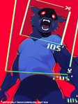 angry anthro athletic athletic_anthro athletic_male biped clothing looking_at_viewer male red_sclera shirt solo standing text topwear white_eyes evamuvon binturong mammal viverrid 2024 english_text hi_res