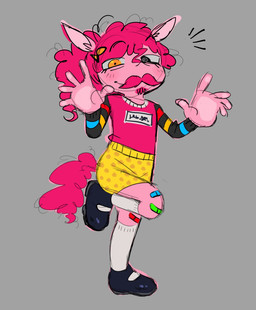 accessory band-aid bandage blush blush_lines bottomwear clothing curly_hair emanata eyelashes facial_hair fish_symbol footwear hair hair_accessory heterochromia knee_highs knee_socks legwear male messy_hair multicolored_sleeves mustache one_calf_up pink_body pink_hair pose pupils shoes simple_background skirt smile smiling_at_viewer socks solo striped_sleeves symbol-shaped_pupils tail tied_hair unusual_pupils cutoffcutiemark equid equine horse humanoid mammal absurd_res hi_res sketch