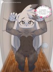 anthro biped clothed clothing detailed_background dialogue door doorframe doorknob doorway female front_view fur grey_body grey_eyes grey_fur heart_symbol inside navel pose raised_arms scratching solo speech_bubble standing text ultama_lokshar_(artist) nintendo pokemon fan_character generation_8_pokemon pokemon_(species) raboot artist_name digital_drawing_(artwork) digital_media_(artwork) english_text full-length_portrait hi_res portrait shaded soft_shading url