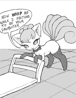 6_tails clothed clothed_feral clothing collar detailed_background dialogue eyelashes female feral fishnet_clothing fishnet_legwear floor fur hair incest_play legwear lingerie long_eyelashes looking_at_viewer multi_tail open_mouth pet_bed propositioning solo stockings tail talking_feral talking_to_viewer text arvanik nintendo pokemon canid canine generation_1_pokemon mammal pokemon_(species) vulpix english_text hi_res monochrome