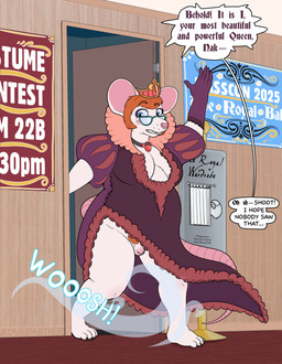 accident accidental_exposure anthro blue_eyes blush breasts brown_hair clenched_teeth clothing dialogue door dress embarrassed eyewear fur genitals glasses gynomorph hair intersex looking_down penis sign small_penis solo standing surprised tail teeth text white_body white_fur ataripanther occam_(character) mammal mouse murid murine rodent 2025 digital_media_(artwork) english_text hi_res trans_(lore) trans_woman_(lore)