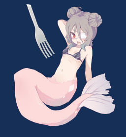 a_new_way_of_forking bikini bikini_top blush breasts brown_eyes clothing cute_fangs cutlery eye_patch eyewear fangs female fork grey_hair hair hair_bun kitchen_utensils micro navel open_mouth short_hair simple_background small_breasts solo split_form swimwear teeth tools transparent_background two-piece_swimsuit susu-kitten aquatic humanoid merfolk 2014 alpha_channel