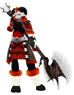 anthro armor axe battle_axe bracers horn melee_weapon simple_background solo warrior weapon white_background unknown_artist ignatius_copperhorn bovid caprine mammal