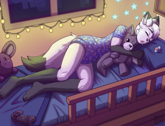 ageplay anthro bed bodily_fluids clean_diaper clothed clothing diaper diaper_under_clothing drooling eyes_closed fur furniture gloves_(marking) grey_body grey_fur hair infantilism inside leg_markings lying male markings on_bed on_side open_mouth pacifier plushie roleplay saliva sleeping socks_(marking) solo teeth wearing_diaper white_body white_fur white_hair window riddlr absurd_res hi_res