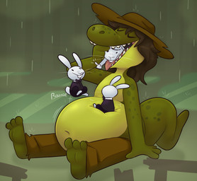 anthro belly big_belly clothing green_body group hat headgear headwear male male/male male_pred male_prey oral_vore outside overweight raining sitting vore denaturedalbumin alligator alligatorid crocodilian lagomorph leporid mammal rabbit reptile scalie 2023 hi_res