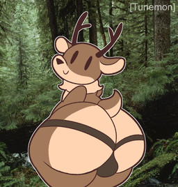 anthro antlers big_butt black_bottomwear black_clothing black_nose bottomwear brown_body brown_fur bulge bulge_from_behind butt closed_smile clothing forest forest_background fur horn huge_butt looking_at_viewer looking_back looking_back_at_viewer male mouth_closed multicolored_body multicolored_fur nature nature_background outline photo_background plant scut_tail short_tail smile solo tail tan_body tan_fur text thick_thighs tree two_tone_body two_tone_fur white_outline tunemon deer mammal 2023 artist_name digital_media_(artwork) hi_res mixed_media photography_(artwork)