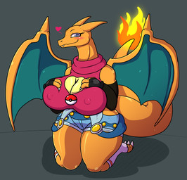 3_fingers 3_toes anthro armwear big_breasts blue_eyes blush bottomwear breast_squish breasts claws cleavage cleavage_cutout clothed clothing cutout eyelashes fangs feet female fingerless_gloves fingers fire footwear gloves hand_on_breast handwear heart_symbol horn huge_breasts kneeling membrane_(anatomy) membranous_wings nipple_outline orange_body orange_scales scales shorts smile socks solo squish sweater tail teeth thick_thighs toe_claws toeless_footwear toeless_socks toes topwear turtleneck wings azureinthedark mythology nintendo pokemon charizard dragon generation_1_pokemon mythological_creature mythological_scalie pokemon_(species) scalie 2021 absurd_res full-length_portrait hi_res portrait