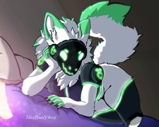 anthro bed female fur furniture green_body green_light heart_symbol lamp lying lying_on_bed machine multicolored_body multicolored_fur night on_bed protogen_visor solo two_tone_body two_tone_fur white_body white_fur wide_hips thisbunyhos protogen robot absurd_res hi_res