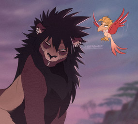 alternate_species arm_scar black_body black_fur black_hair black_mane blonde_hair blue_eyes duo facial_scar feathers feral feral_with_hair feralized fur hair male mane red_body red_feathers red_wings scar sitting stapled_body tan_body tan_fur wings yellow_talons saberghatz disney my_hero_academia the_lion_king dabi_(mha) keigo_takami avian bird felid lion mammal pantherine species_request 2022 crossover