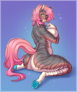 anthro belly big_breasts blep blue_hooves breasts brown_body butt ear_piercing eyelashes facial_piercing female fingers furgonomic_piercing furgonomics green_eyes grey_body hair hooves looking_back multicolored_body muzzle_piercing nose_piercing nose_ring nude piercing pink_hair pink_tail pink_tongue raised_tail ring_piercing sitting slightly_chubby solo striped_body stripes tail tan_body tongue tongue_out underhoof kitsunewaffles-chan equid equine horse mammal colored digital_drawing_(artwork) digital_media_(artwork) hi_res shaded