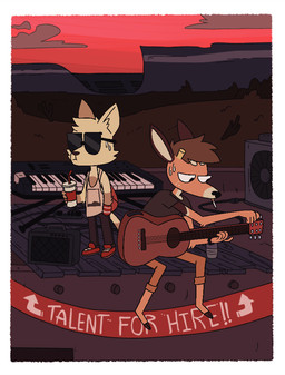 5_fingers acoustic_guitar anthro arm_tuft barefoot big_eyes black_nose blinking bodily_fluids border brown_body brown_fur brown_hair brown_nose cheek_tuft cigarette clock clothed clothing detailed_background dialogue drinking duo ear_twitch elbow_tuft evening eyewear facial_tuft feet fingers footwear fully_clothed fur guitar hair hand_in_pocket holding_object humanoid_hands inner_ear_fluff keyboard_instrument male musical_instrument musical_keyboard orange_body orange_fur outside plucked_string_instrument pockets shirt shoes short_hair sitting sky smoking stage standing string_instrument sunglasses sweat sweatdrop t-shirt tan_body tan_fur tank_top text toony topwear tuft tuning watch white_border wristwatch cocadope deer domestic_cat felid feline felis mammal 2017 animated digital_media_(artwork) english_text flat_colors