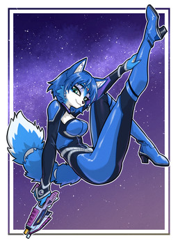 accessory anthro beads belt blue_body blue_fur blue_hair bodysuit boots breasts circlet clothing dipstick_tail eyebrows eyelashes female footwear fur furgonomics glistening green_eyes gun hair hair_accessory hair_beads hand_on_leg high_heeled_boots high_heels inner_ear_fluff markings one_leg_up pose raised_leg ranged_weapon shoes skinsuit smile solo tail tail_accessory tail_markings tailband tight_clothing tuft weapon white_body white_fur centinel303 nintendo star_fox krystal_(star_fox) canid canine fox mammal 2025 absurd_res hi_res pinup