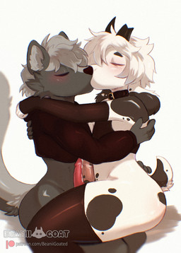 anthro arm_warmers armwear bodily_fluids bottomless broken_horn brown_body brown_fur butt clothed clothing collar crop_top cropped_hoodie cum duo eyes_closed frottage fur genital_fluids genitals grey_body horn hug hugging_another humanoid_genitalia humanoid_penis kissing legwear male male/male markings on_lap patreon_logo penile penis penises_touching red_penis sex shirt sitting_on_another sitting_on_lap spots spotted_body spotted_fur text thigh_highs topwear beanii patreon benji_(beanii) bovid caprine goat mammal mephitid skunk hi_res url watermark