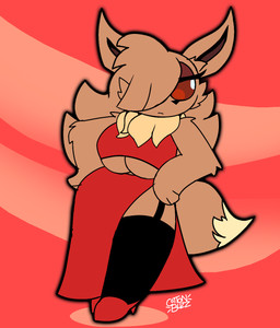 anthro anthrofied big_breasts breasts brown_body brown_fur brown_hair clothed clothing eyelashes eyeshadow female footwear fur garter_straps hair hair_over_eye high_heels legwear makeup neck_tuft one_eye_obstructed pokemorph red_background red_eyeshadow red_sclera shoes simple_background solo tail thick_thighs thigh_highs tuft under_boob white_eyes wide_hips unfortu-nate nintendo pokemon felicity_(unfortu-nate) eevee generation_1_pokemon pokemon_(species) 2025 digital_media_(artwork) hi_res