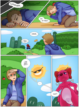 animal_genitalia annoyed anthro barely_visible_genitalia barely_visible_vulva blue_eyes day detailed_background dialogue duo eyes_closed eyewear female genital_slit genitals hair male outside pink_body pink_scales plant scales short_hair shrub siphon_(anatomy) speech_bubble sun sunglasses text vulva dabunnox mario_bros nintendo birdo_(character) boha mario birdo human mammal 2019 comic digital_media_(artwork) english_text hi_res