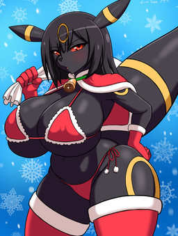 anthro big_breasts bikini black_body black_hair blue_background blush breasts clothing curvy_figure female gloves gradient_hair hair handwear holding_bag holidays huge_breasts legwear long_hair micro_bikini raised_tail red_bikini red_clothing red_eyes red_gloves red_handwear red_legwear red_sclera red_swimwear side-tie_bikini simple_background snowflake solo standing string_bikini swimwear tail thick_thighs two-piece_swimsuit voluptuous wide_hips soulkibble christmas nintendo pokemon eeveelution generation_2_pokemon pokemon_(species) umbreon absurd_res hi_res