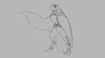 16:9 2019 anthro avian beak belt_pouch bird choker digital_drawing_(artwork) digital_media_(artwork) feathers female grey_background jewelry monochrome naturally_censored necklace simple_background sketch smile solo standing watsup widescreen wings