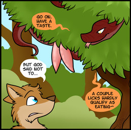 2_penises animal_genitalia animal_penis anthro black_border border color_coded color_coded_speech_bubble dialogue duo ellipsis erection feral forest genitals hemipenes humor in_tree male multi_genitalia multi_penis outside penis plant serpentine speech_bubble talking_to_another tapering_penis text tree pankallisti bible adam_(biblical_figure) serpent_(book_of_genesis) canid canine fox mammal reptile scalie snake 2018 english_text