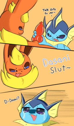 ambiguous_gender animal_genitalia animal_penis blue_body bodily_fluids canine_genitalia canine_penis crying dialogue duo erection feral genitals handjob humor knot male male/ambiguous open_mouth orange_body penile penis quadruped sex smile tears text dustyspaghetti nintendo pokemon eeveelution flareon generation_1_pokemon pokemon_(species) vaporeon english_text hi_res