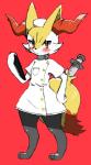 absurd_res anthro barefoot black_body black_fur blush braixen canid canine chiji clothed clothing dress feet female flat_chested fur generation_6_pokemon hand_on_hip hat headgear headwear hi_res holding_object inner_ear_fluff mammal medical_instrument medical_syringe nintendo nurse nurse_clothing nurse_dress pokemon pokemon_(species) red_background red_eyes scientific_instrument simple_background solo syringe tuft white_body white_fur yellow_body yellow_fur