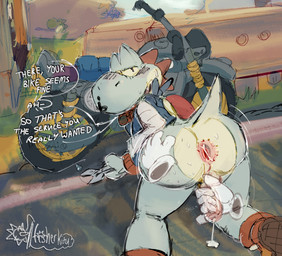 ambiguous_gender anthro anus big_butt blush bodily_fluids bottomless butt clothed clothing disembodied_hand duo exhibitionism eyewear footwear genital_fluids genitals goggles goggles_around_neck huge_butt kerchief leaking_precum looking_at_viewer looking_back male male/ambiguous male_focus motorcycle penis precum public public_nudity road shell shoes solo_focus sweat tail text tools vehicle wrench fisherkitu mario_bros mario_kart_world nintendo yoshi_(touring) dinosaur prehistoric_species reptile scalie yoshi absurd_res english_text hi_res