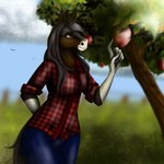 anthro apple apple_tree breasts clothing cloud equine_ears female field_background food fruit fruit_tree pattern_clothing pattern_topwear plaid plaid_clothing plaid_topwear plant sky smile snout solo topwear tree fexneel_denisse denisse_(utap) equid equine horse mammal 1:1 2019 digital_media_(artwork) hi_res