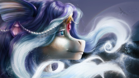 ambiguous_feral ambiguous_gender beaded_jewelry beads black_body black_wings blue_eyes blue_mane closed_smile duo ear_fins eyelashes female female_feral female_focus feral fin flowing_mane flying fur gem grey_sky jewelry lidded_eyes light mane mouth_closed no_pupils outside rainbow relaxed_expression ruby_(gem) seashell shell sky smile solo_focus split_form water white_body white_eyelashes white_fur wings rayrage hasbro my_little_pony fan_character keto_(rrusha) aquatic avian bird equid equine horse mammal merfolk merpony pony 16:9 2025 4k absurd_res colored detailed digital_media_(artwork) digital_painting_(artwork) english_description hi_res lighting painting_(artwork) shaded widescreen
