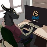 anthro blue_eyes bottomwear clothing dark_body dark_skin electronics furniture gaming_chair horn male monitor shirt shorts sitting solo t-shirt table tail topwear window netiscraft mythology arkanas_(character) dragon mythological_creature mythological_scalie scalie 1:1 hi_res