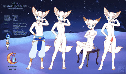 animal_genitalia animal_penis anthro balls blue_eyes canine_genitalia canine_penis casual_nudity clothing dipstick_ears ear_markings erection femboy fur genitals knot male multicolored_ears nude penis sheath tail white_body white_fur rukifox louis_(rukifox) canid canine fennec_fox fox mammal true_fox model_sheet