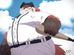 anthro baseball_bat baseball_uniform bat_(object) belly big_belly black_nose bottomwear brown_body clothing cloud eyewear glasses hat headgear headwear humanoid_hands kemono male overweight overweight_male pants red_body shirt solo sportswear topwear uniform uokkom canid canine canis domestic_dog mammal 2024 hi_res