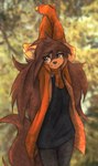 2022 anthro apogee_(tinygaypirate) black_nose blurred_background bottomwear breasts brown_body brown_eyes brown_fur brown_hair canid canine canis cheek_tuft clothing cowlick day detailed_background domestic_dog ear_piercing eyebrow_through_hair eyebrows eyelashes facial_markings facial_piercing facial_tattoo facial_tuft female female_anthro floppy_ears fur furgonomics furry-specific_piercing hair hair_over_eye hands_above_head head_markings hi_res inner_ear_fluff jacket komorebi long_hair looking_aside mammal markings messy_hair mottled mottled_nose muzzle_piercing nose_piercing one_eye_obstructed outside pants piercing pink_nose plant portrait raised_arms scarf shadow slim small_breasts smile solo spitz standing sweater tattoo three-quarter_portrait tinygaypirate topwear translucent translucent_hair tree tuft