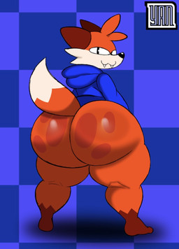 :3 anthro big_butt blue_background bottom_heavy bottomless butt butt_focus checkered checkered_background clothed clothing dipstick_tail fangs feet hoodie hoodie_only huge_butt huge_hips leg_markings logo looking_at_viewer looking_back looking_back_at_viewer male markings narrowed_eyes orange_body pattern_background rear_view shortstack shortstack_male simple_background smile socks_(marking) solo tail tail_markings teeth thick_thighs topwear topwear_only wide_hips yanafterdark soups_(superiorfox) canid canine fox mammal 2026 artist_logo digital_drawing_(artwork) digital_media_(artwork) full-length_portrait hi_res portrait