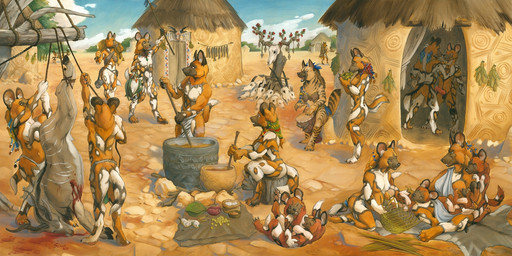 animal_genitalia animal_penis animal_skin anthro anthro_on_anthro balls barefoot biped black_body black_fur blood bodily_fluids bone bowl breastfeeding breasts brown_body brown_fur butt canine_genitalia canine_penis casual_exposure casual_nudity claws clothing cloud container cooking crouching crowd dark_body dark_fur day death detailed_background dewclaw_hooves digitigrade djembe_(drum) drum erection exposed_breasts eyes_closed feet female fluffy fluffy_tail fondling food fully_sheathed fur genitals group hair happy holding_object hooves horn hunter hut inside intraspecies kneeling knot long_hair male male/male markings melee_weapon multicolored_body multicolored_fur multicolored_tail musical_instrument nipples nude ocarina one_breast_out one_eye_closed open_mouth orange_body orange_fur outdoor_nudity outside pecs penis percussion_instrument pet_bowl pink_penis plant playful playing playing_music polearm pregnant pregnant_female sheath sitting skull sky slice_of_life social_nudity spear spots spotted_body spotted_fur standing striped_body striped_fur stripes suspension tail tan_body tan_fur totem tribal tribe two_tone_body two_tone_fur unguligrade village weapon white_body white_fur wide_shot wind_instrument wink young young_anthro scale_(artist) djembe kikivuli utunu african_wild_dog antelope bovid canid canine grazing_antelope hyena mammal oryx striped_hyena 2016 hi_res oil_painting_(artwork) painting_(artwork) traditional_media_(artwork) traditional_painting_(artwork)