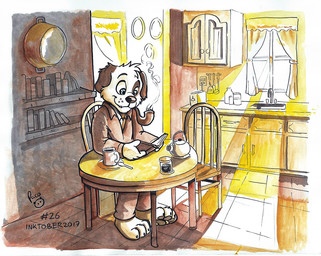 anthro blue_eyes book bottomwear brown_bottomwear brown_clothing brown_pants brown_topwear closed_smile clothed clothing floppy_ears fur glistening glistening_eyes head_tuft holding_book holding_object inside kitchen logo male male_anthro mouth_closed pants reading reading_book sitting smile smoking_pipe solo topwear tuft white_body white_fur pandapaco canid canine canis domestic_dog mammal 2017 artist_logo dated signature