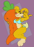 anthro armpit_hair athletic athletic_anthro athletic_female body_hair bra breasts buckteeth carrot cleavage clothed clothing female flexing food fur looking_at_viewer panties plant solo teeth underwear vegetable yellow_body yellow_fur onetiredbear atomicrops furryosa_(atomicrops) lagomorph leporid mammal rabbit 2021 hi_res