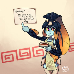 :> apron blue_body blue_scales blue_skin clothing female fin fin_hair food gesture hair hand_gesture holding_object holding_plate hot_dog humor legwear looking_at_viewer pink_eyes plate pointing pointing_at_sign ponytail pseudo_hair scales sign simple_background smile solo standing tan_background text thigh_highs waiter yellow_sclera melonconcarne skullgirls minette animal_humanoid aquatic aquatic_humanoid dagonian fish fish_humanoid humanoid 2020 digital_media_(artwork) english_text hi_res redraw signature