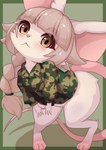 ambiguous_gender anthro bottomless braided_hair braided_ponytail camo camo_clothing camo_print cheek_tuft clothed clothing colored-in facial_tuft featureless_crotch fur glistening glistening_body glistening_fur hair kemono pattern_clothing pink_body pink_fur ponytail rat_tail solo tail topwear topwear_only tuft tsukai_rabi japan_air_self-defense_force hamu_chunchun mammal murid murine rat rodent hi_res shaded male_(lore)