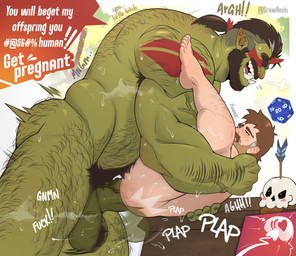 anal anal_impregnation anal_penetration arm_hair armpit_hair back_hair ball_tuft balls beard big_balls big_muscles big_nipples big_pecs big_penis black_hair blush bodily_fluids body_hair butt_hair carrying_another carrying_partner chest_hair cum cum_in_ass cum_inside cumshot dice_roll dominant dominant_humanoid dominant_male drooling duo ear_piercing ear_ring ejaculation eyewear facial_hair genital_fluids genitals green_body hair hairy happy_trail horn human_on_humanoid human_penetrated humanoid_penetrating humanoid_penetrating_human impregnation internal interspecies larger_dom leaking_cum leg_hair looking_pleasured male male/male male_impregnating_male male_impregnation male_penetrated male_penetrating male_penetrating_male markings muscular muscular_human muscular_humanoid muscular_male mustache navel nipples not_furry nude orgasm pecs penetration penile penile_penetration penis penis_in_ass piercing pointy_ears ponytail ring_piercing saliva saliva_string sex size_difference smaller_human smaller_male smaller_penetrated spread_legs spreading submissive submissive_human submissive_male sweat tattoo text tongue tongue_out tribal tribal_markings tribal_tattoo tuft tusks drawreshi orlov_the_bonebreaker_(drawreshi) horned_humanoid human humanoid mammal orc absurd_res english_text hi_res