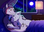 anthro bed bedding cuddling curtains duo female fur furniture head_on_chest hug jewelry lamp light male male/female moon moonlight night peace_symbol plant red_eyes romantic romantic_couple sleeping tree window peacewolfactual gokan_(gokanthehusky) peacewolf_(character) canid canine canis domestic_dog husky mammal nordic_sled_dog spitz wolf 4:3 hi_res