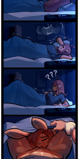 ahoge anthro ask_blog bed bed_sheet bedding bedroom blue_eyes bodily_fluids bottomless breath brown_hair clock close-up clothed clothing cunnilingus dream duo eyes_closed female female/female fur furniture genital_fluids genitals hair hair_over_eye inside long_hair looking_pleasured lying moan on_bed on_front on_side one_eye_obstructed oral penetration pillow pink_hair pubes question_mark sex short_hair sleeping sound_effects sweat text under_covers vaginal vaginal_fluids vaginal_fluids_on_face vaginal_fluids_on_leg vaginal_penetration vein vowelless vowelless_sound_effect vulva wool_(fur) zzz saucymauler auri_(spikedmauler) brianne_(spikedmauler) bovid caprine domestic_sheep lagomorph leporid mammal rabbit sheep 2020 absurd_res english_text hi_res signature