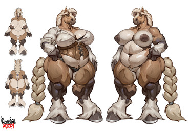 anthro areola belly big_belly big_breasts big_butt braided_tail breasts butt clothing corset curvy_figure female genitals hooves huge_belly huge_breasts huge_butt huge_hips huge_thighs lingerie lips navel nipples nude overweight overweight_anthro overweight_female solo tail thick_lips thick_thighs thong topwear underwear voluptuous voluptuous_female vulva wide_hips raudegil draft_horse equid equine horse mammal hi_res model_sheet
