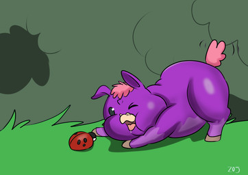 1_horn ambiguous_feral ambiguous_gender beady_eyes bodily_fluids drooling duo feral fur grass grey_hooves hair hooves horn one_eye_closed open_mouth pink_hair pink_tail plant purple_body purple_fur raised_tail saliva shrub side_view small_horn tail text tongue tongue_out wink young young_ambiguous young_feral z05 fluffy_pony mythology arthropod beetle cucujoid equid equine fluffy_pony_(species) insect ladybug mammal mythological_creature mythological_equine unicorn 2026 absurd_res artist_name digital_media_(artwork) hi_res shaded